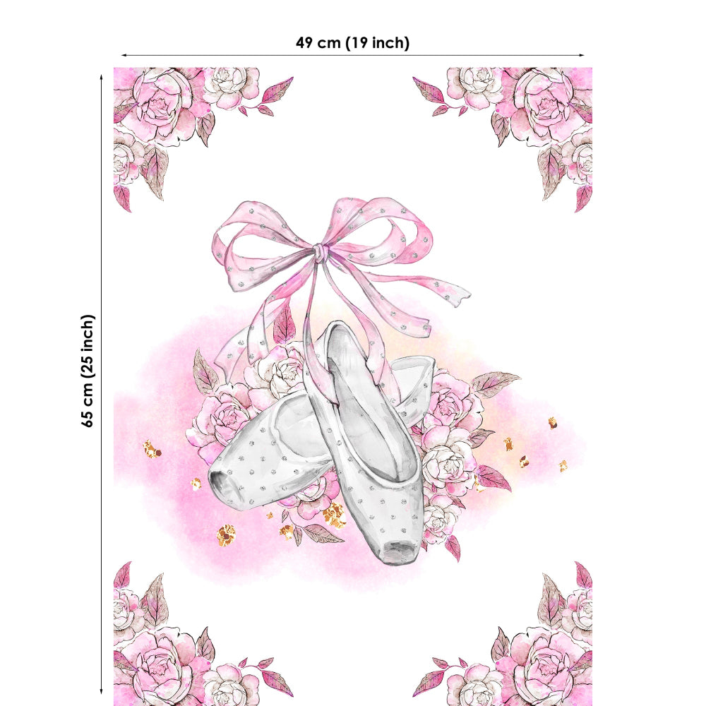 Fabric panel of ballet shoes with a bow on a floral background, with dimensions indicated.