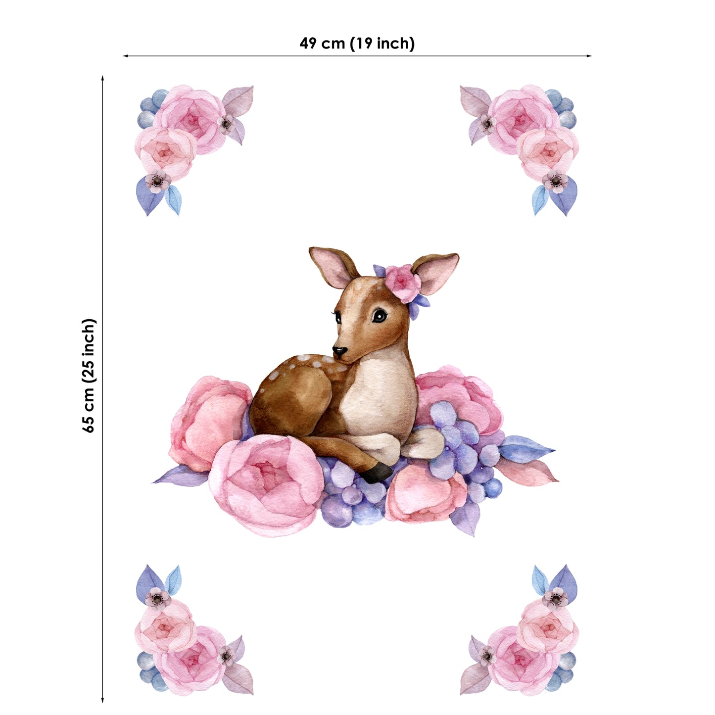 Decorative wall sticker with a deer surrounded by pink flowers and measurements on a white background