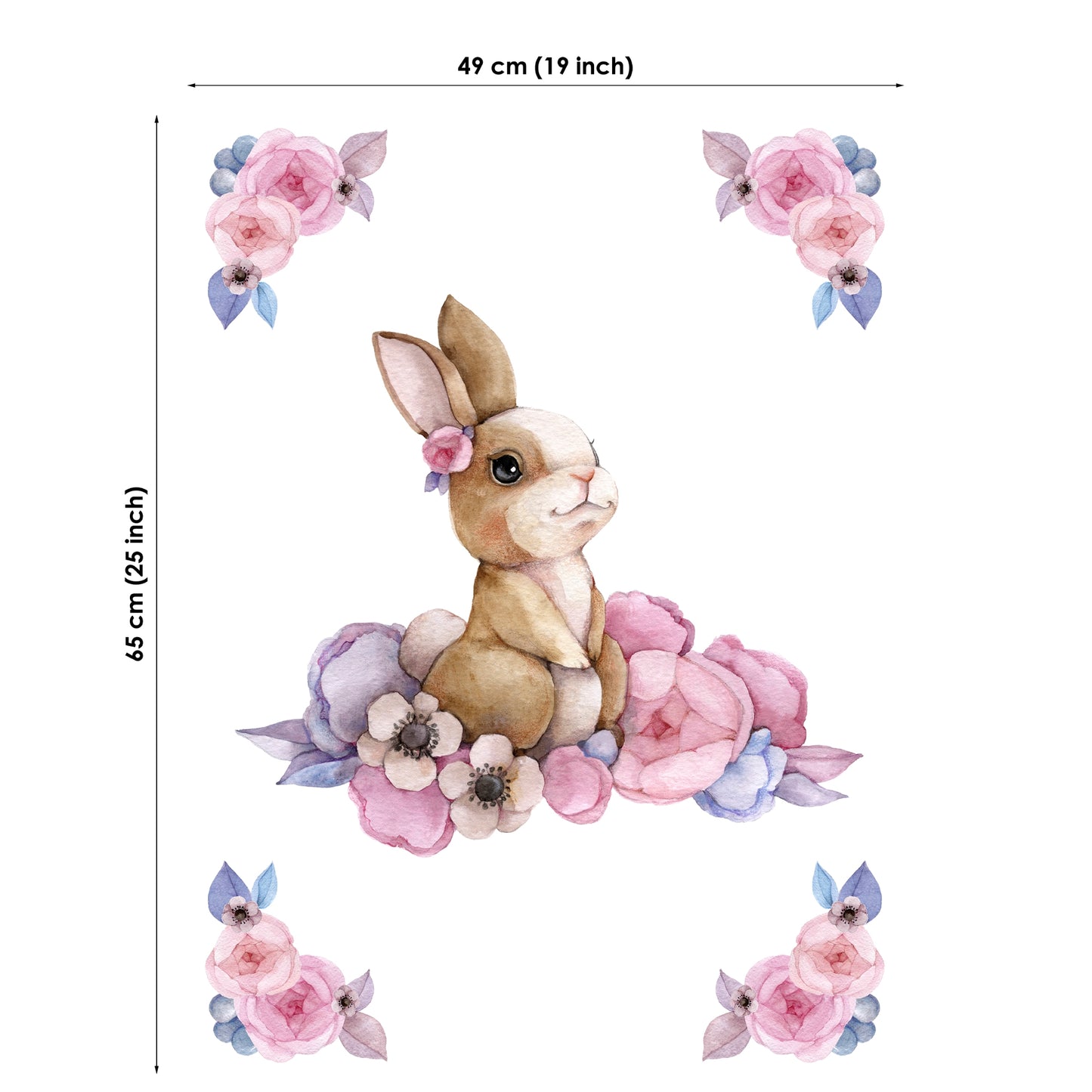 Decorative sticker of a rabbit surrounded by flowers with dimensions on a white background