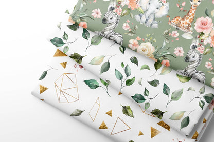 Three sheets of fabric with green leafs with animals patterns on a light gray background