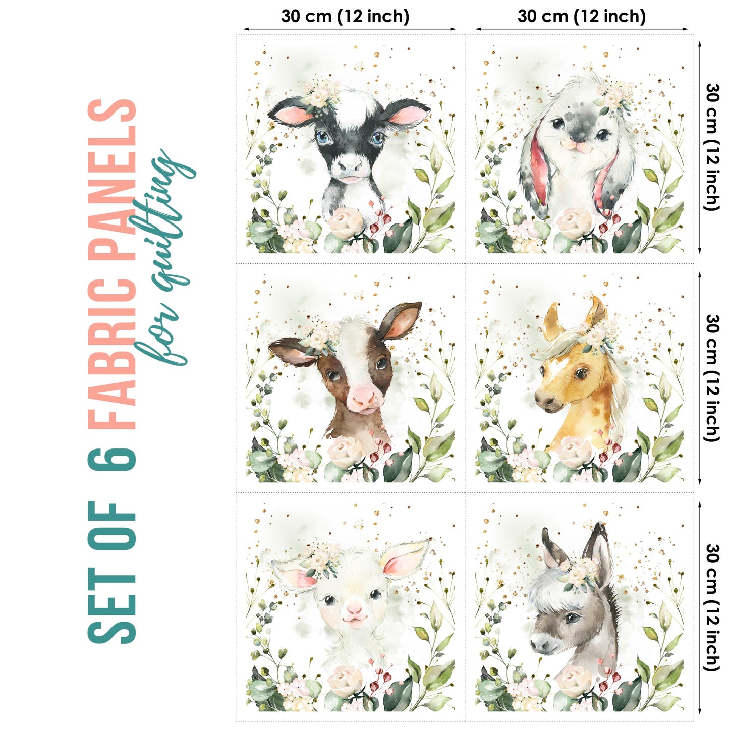A set of six fabric panels featuring watercolor-style illustrations of farm animals, specifically a cow, goat, and horse, surrounded by floral elements. Each panel is labeled with its size, 30cm x 30cm, and the word 'Fabric'.