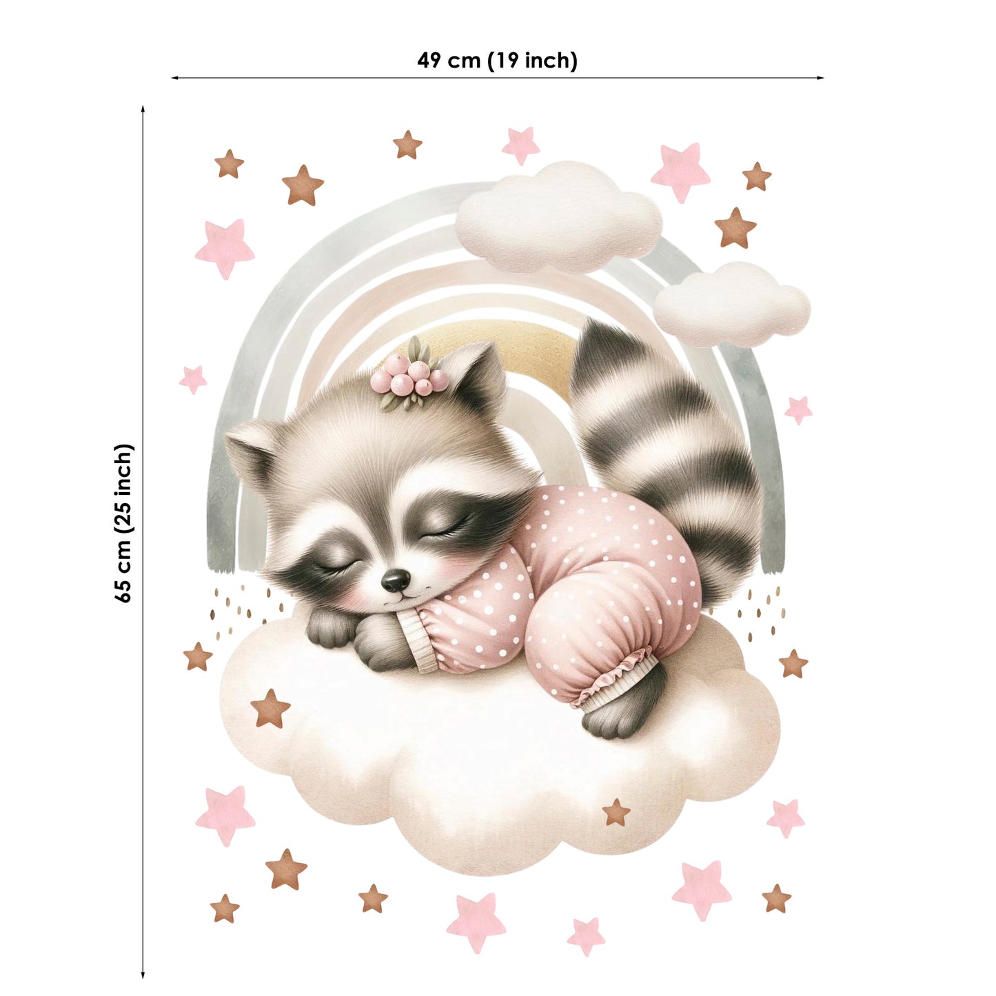 Illustration of a raccoon in a pink outfit on a cloud with stars, dimensions indicated.