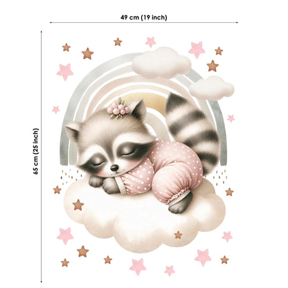 Illustration of a raccoon in a pink outfit on a cloud with stars, dimensions indicated.