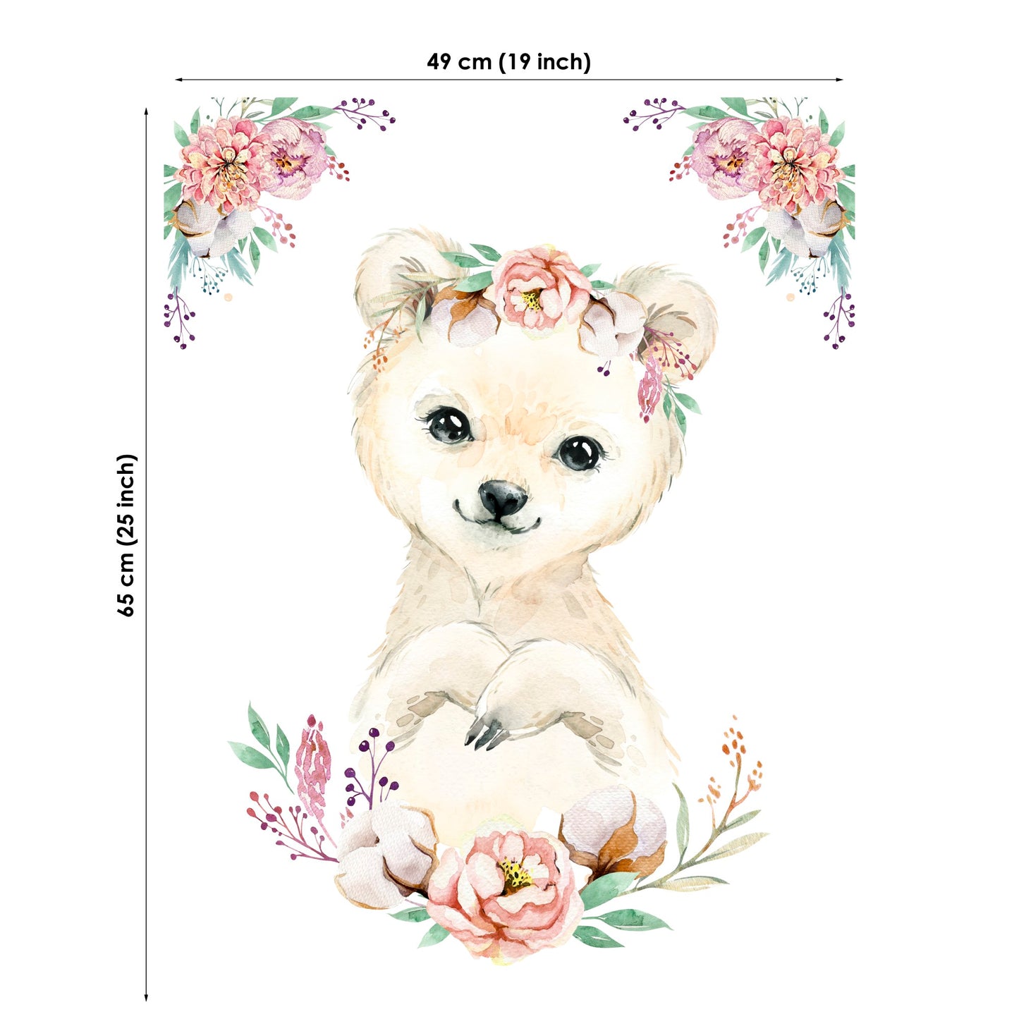 Illustration of a bear with floral decorations and dimensions on a white background