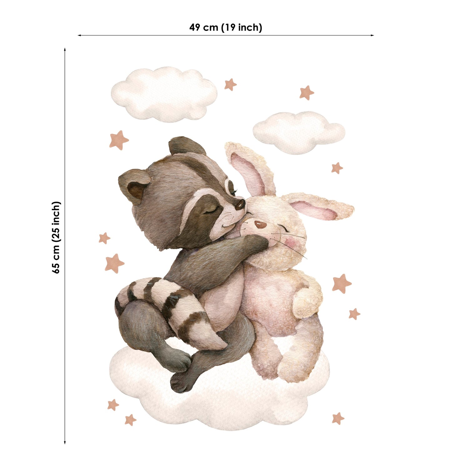 Fabric of a raccoon and rabbit hugging with cloud and star decorations, showing dimensions.