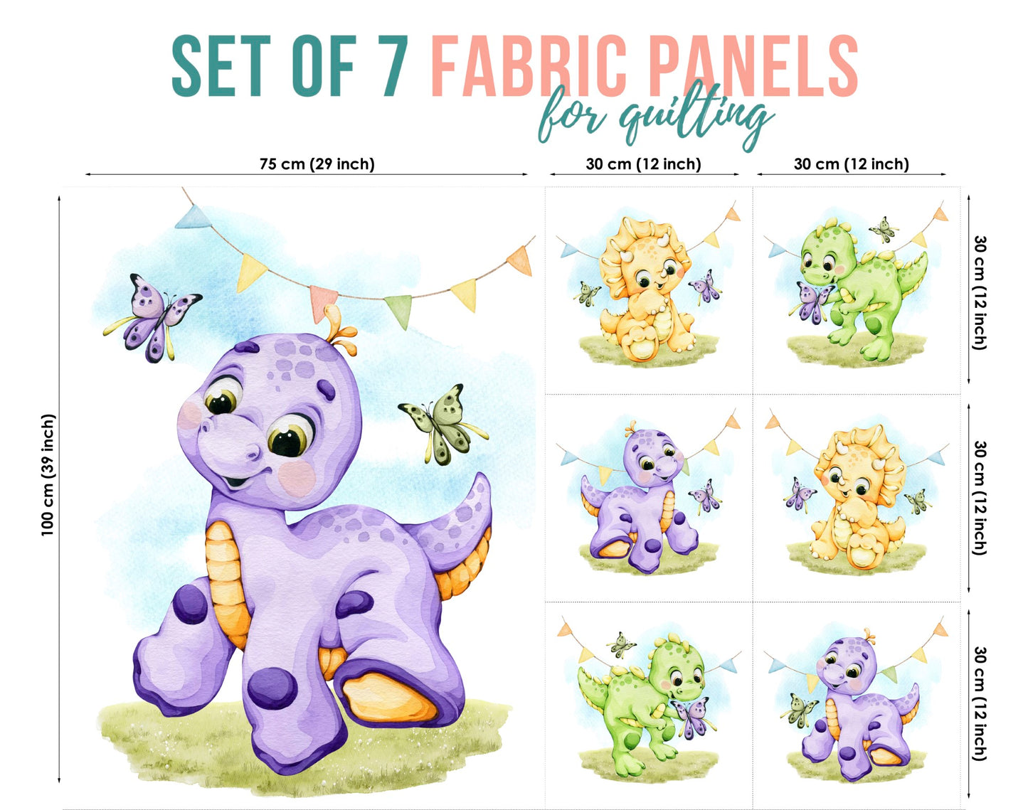 Set of 7 colorful fabric panels featuring cartoon dinosaur characters in various poses against a sateen background.