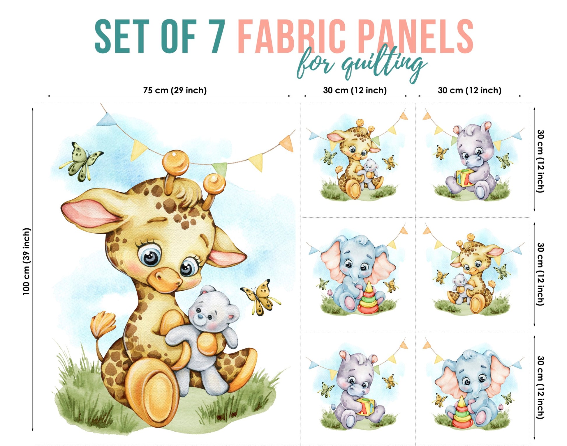 Set of 7 fabric panels featuring colorful giraffe and elephant designs, intended for quilting and crafts.