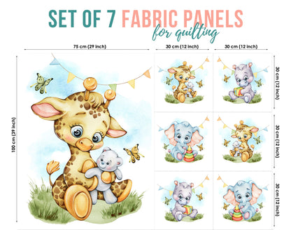 Set of 7 fabric panels featuring colorful giraffe and elephant designs, intended for quilting and crafts.