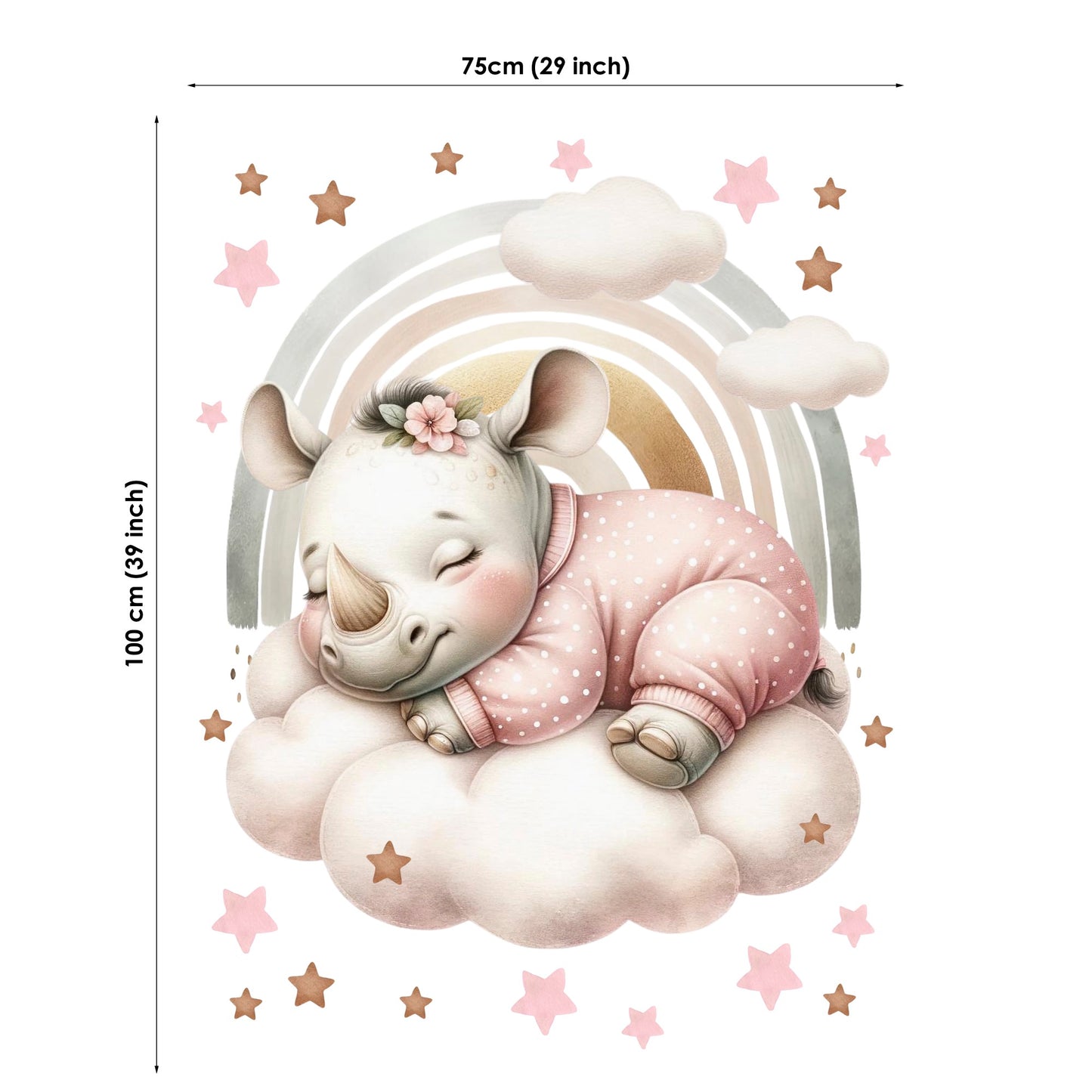 Illustration of a rhino in a pink outfit on a cloud with stars and a rainbow, with dimensions provided.