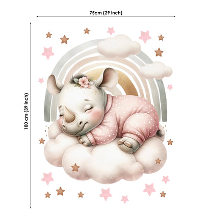 Illustration of a rhino in a pink outfit on a cloud with stars and a rainbow, with dimensions provided.