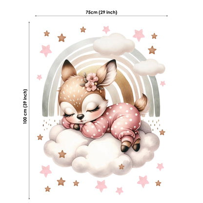 Wall decal of a sleeping deer with a rainbow and stars, with dimensions indicated.