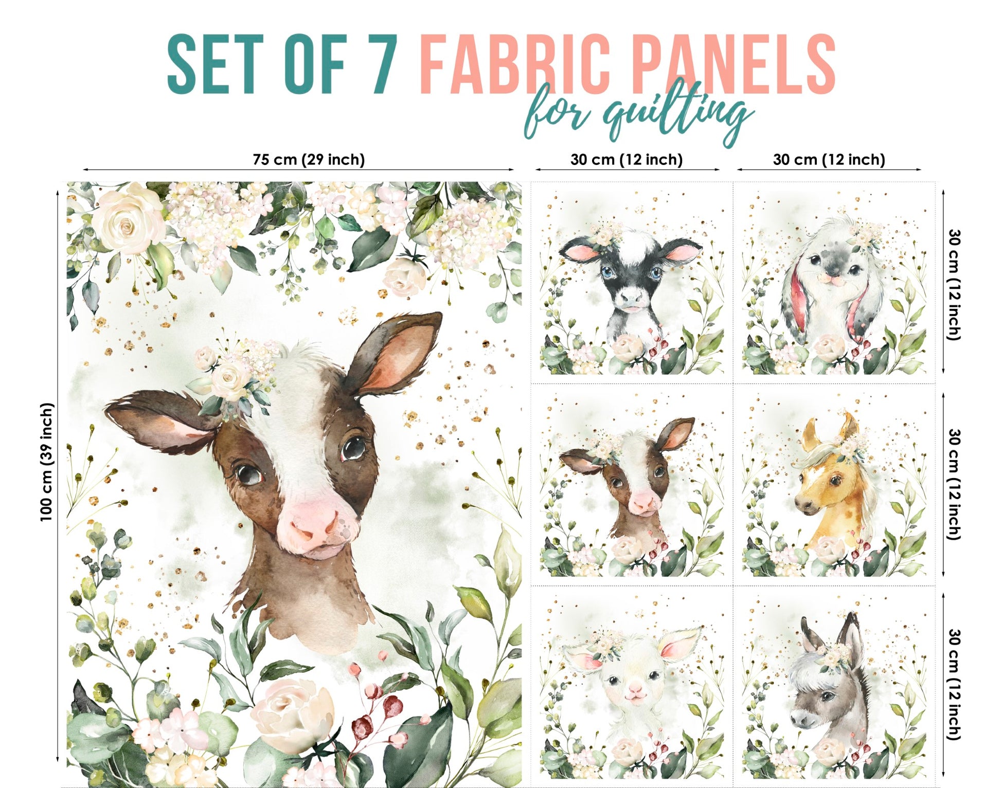 A set of 7 fabric panels featuring watercolor-style illustrations of various farm animals, predominantly cows, in a floral and garden setting.