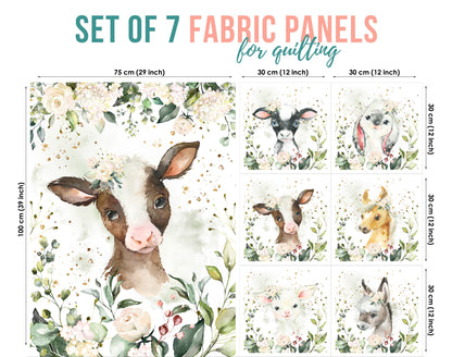 A set of 7 fabric panels featuring watercolor-style illustrations of various farm animals, predominantly cows, in a floral and garden setting.