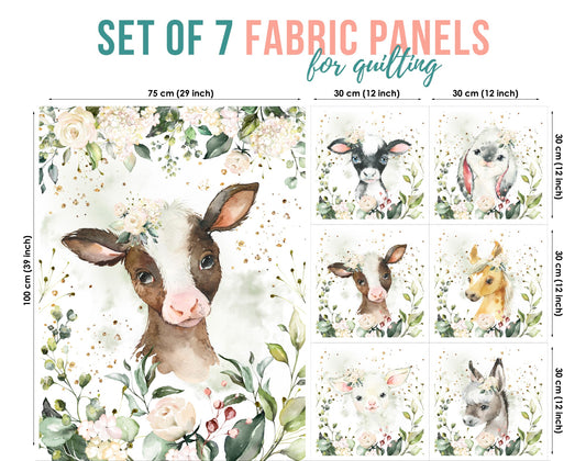 A set of 7 fabric panels featuring watercolor-style illustrations of various farm animals, predominantly cows, in a floral and garden setting.