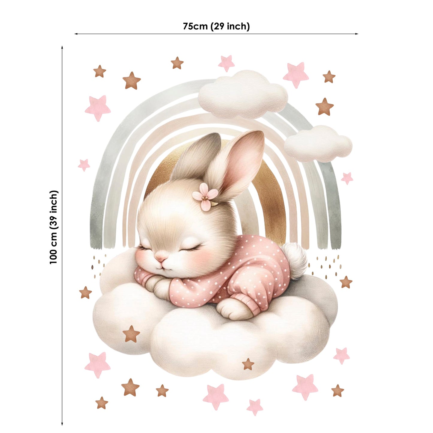 Wall decal of a bunny sitting on a cloud with a rainbow and stars, showing dimensions.