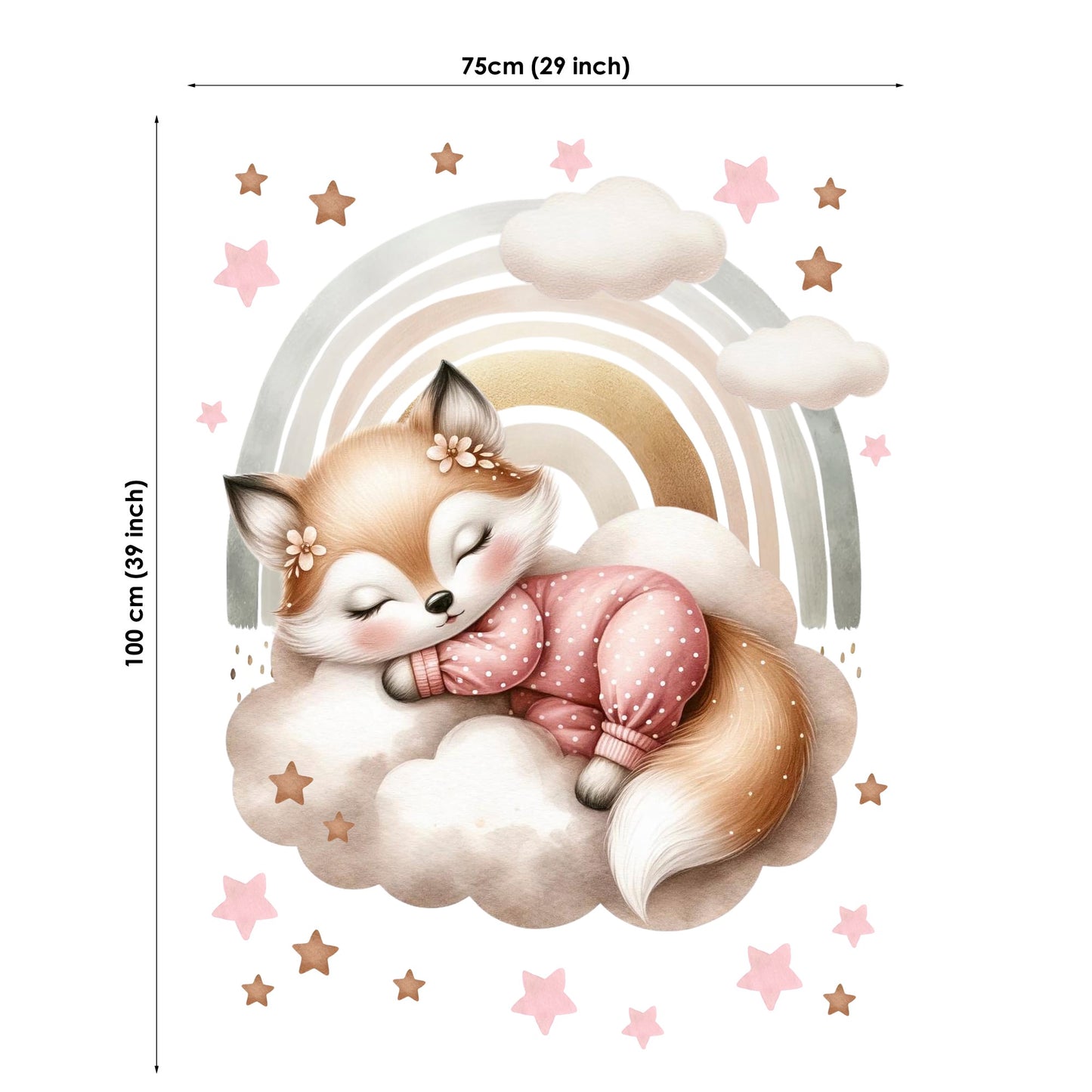 Fabric panel of a fox hugging a cloud with stars and a rainbow, including dimensions.