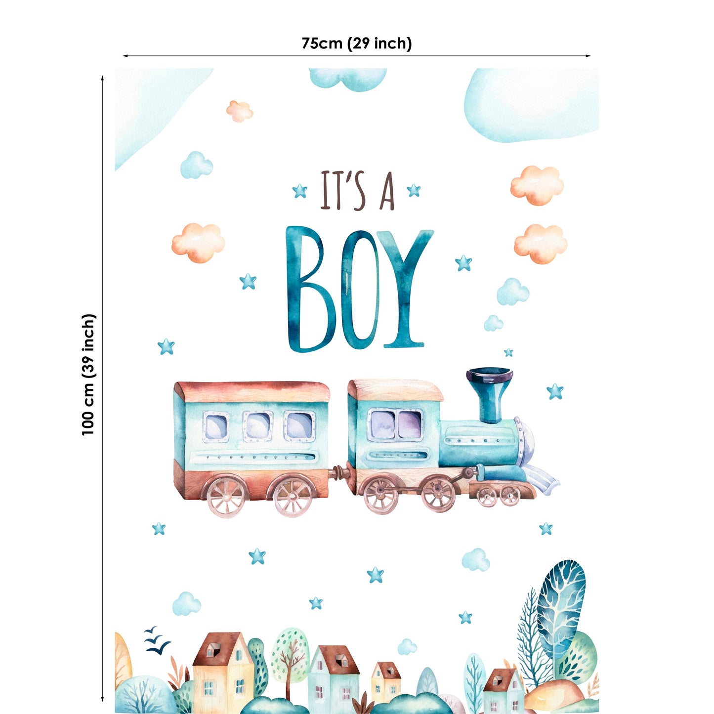Fabric with a train, 'It's a Boy' text, and small illustrations on a white background.