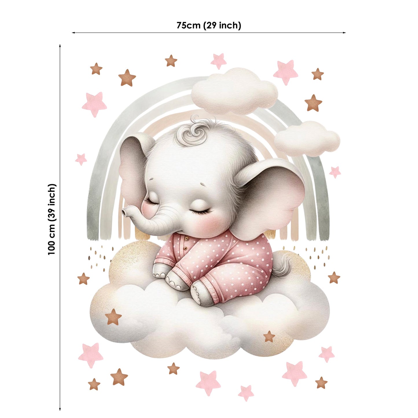Wall decal of a baby elephant sitting on a cloud with a rainbow and stars, including dimensions.