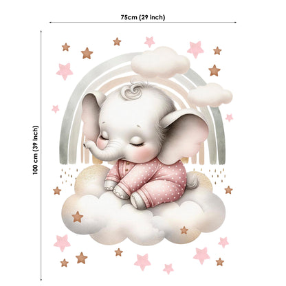 Wall decal of a baby elephant sitting on a cloud with a rainbow and stars, including dimensions.