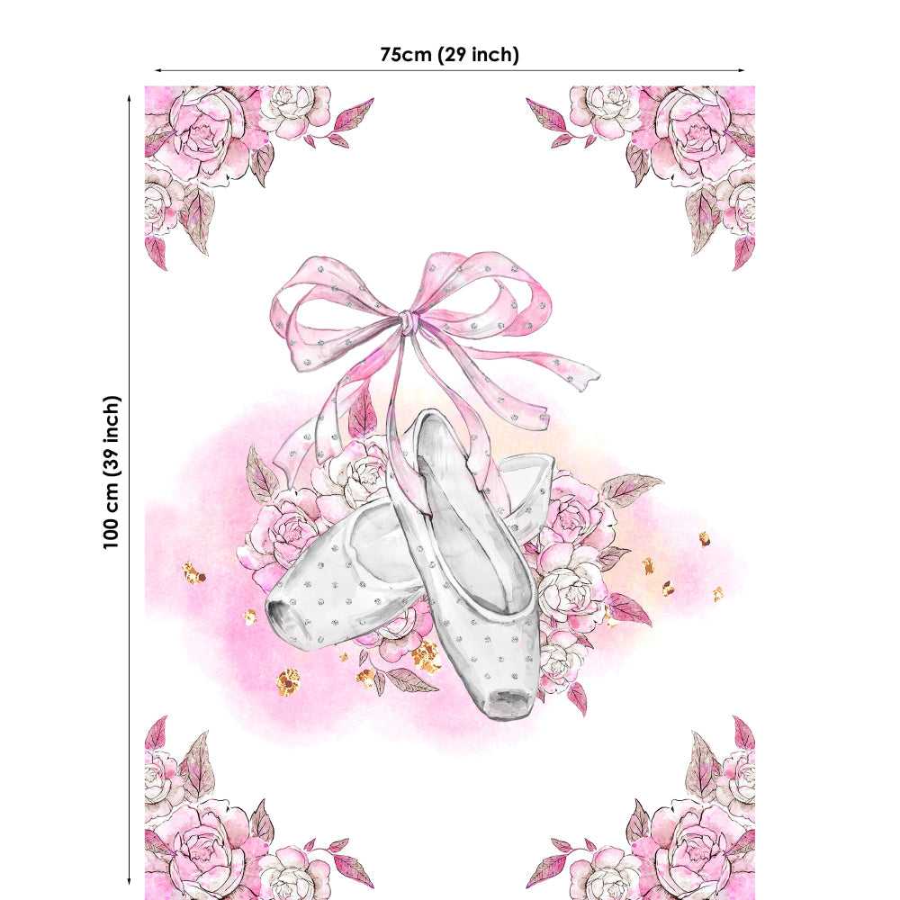 Fabric panel of ballet shoes with a bow and flowers on a pink background, with dimensions indicated.