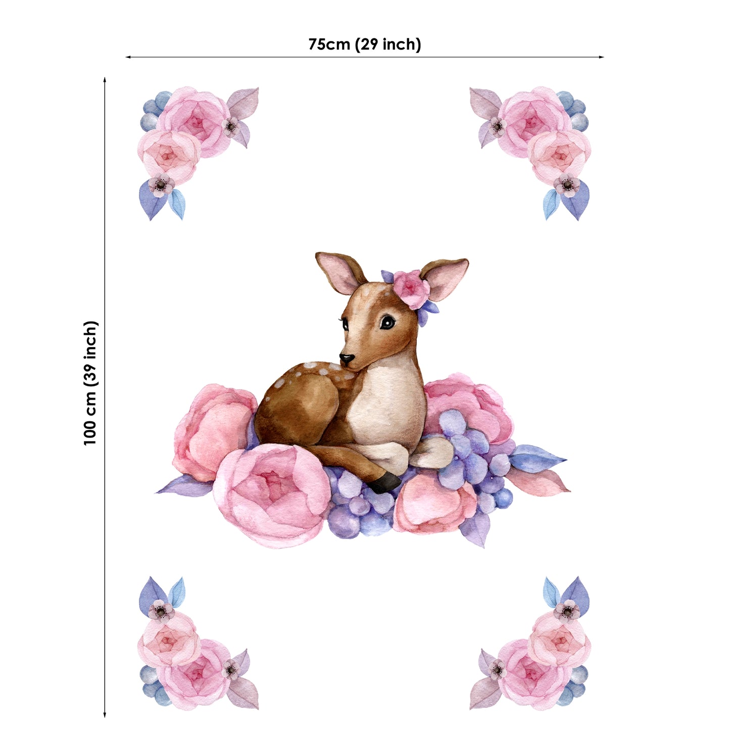 Wall decal of a deer surrounded by pink flowers with dimensions on a white background