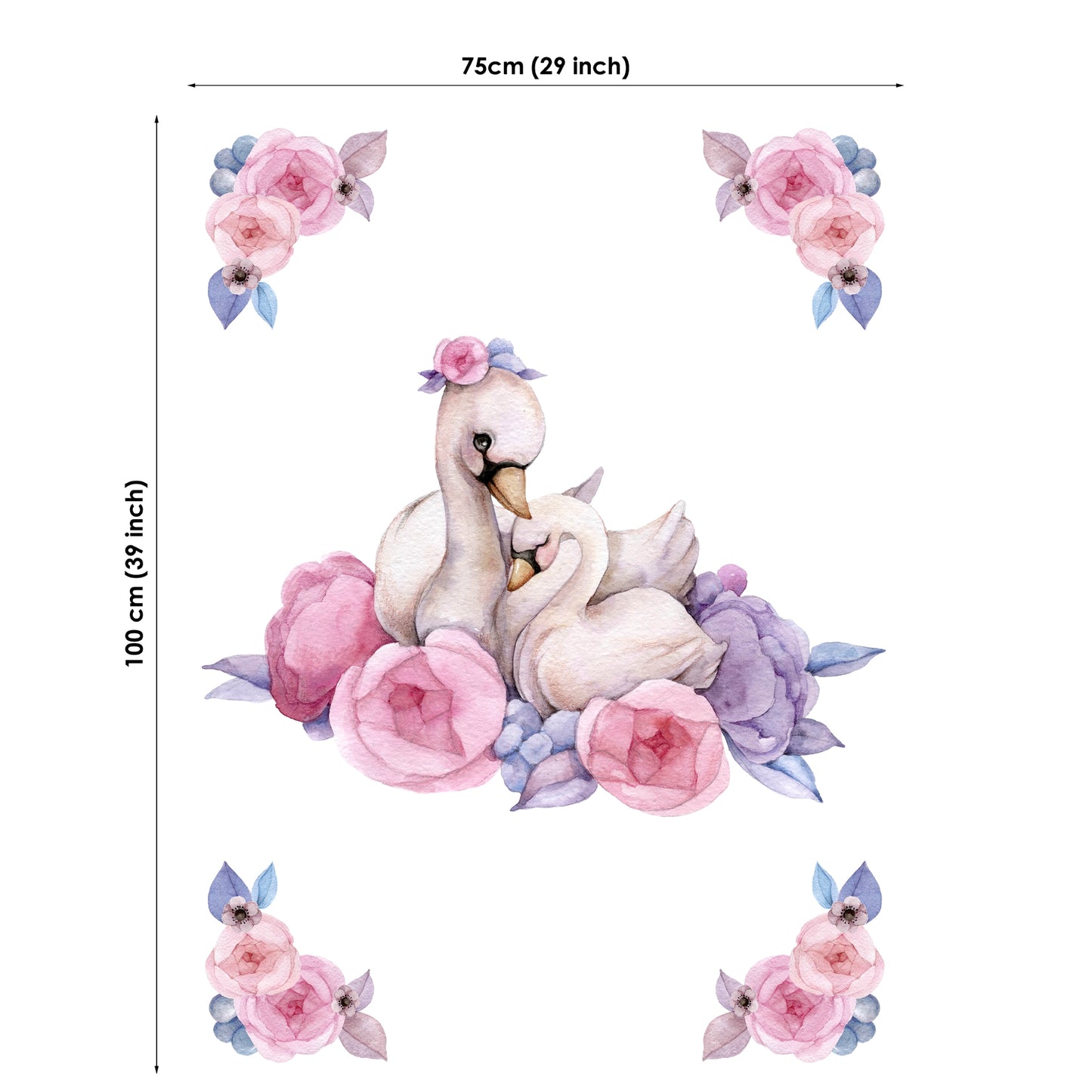 Decorative wall sticker with swans and flowers, including dimensions.