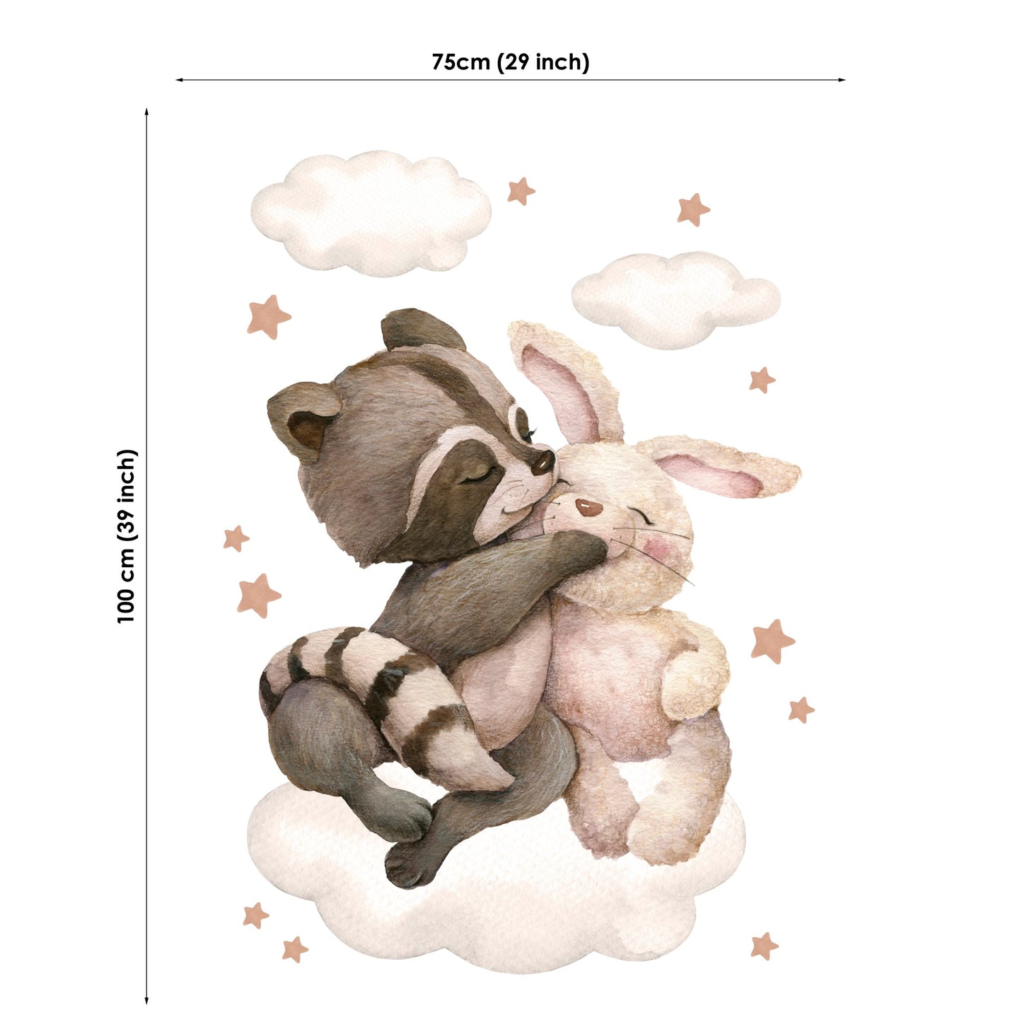 Fabric of a raccoon and rabbit hugging on clouds with measurements.