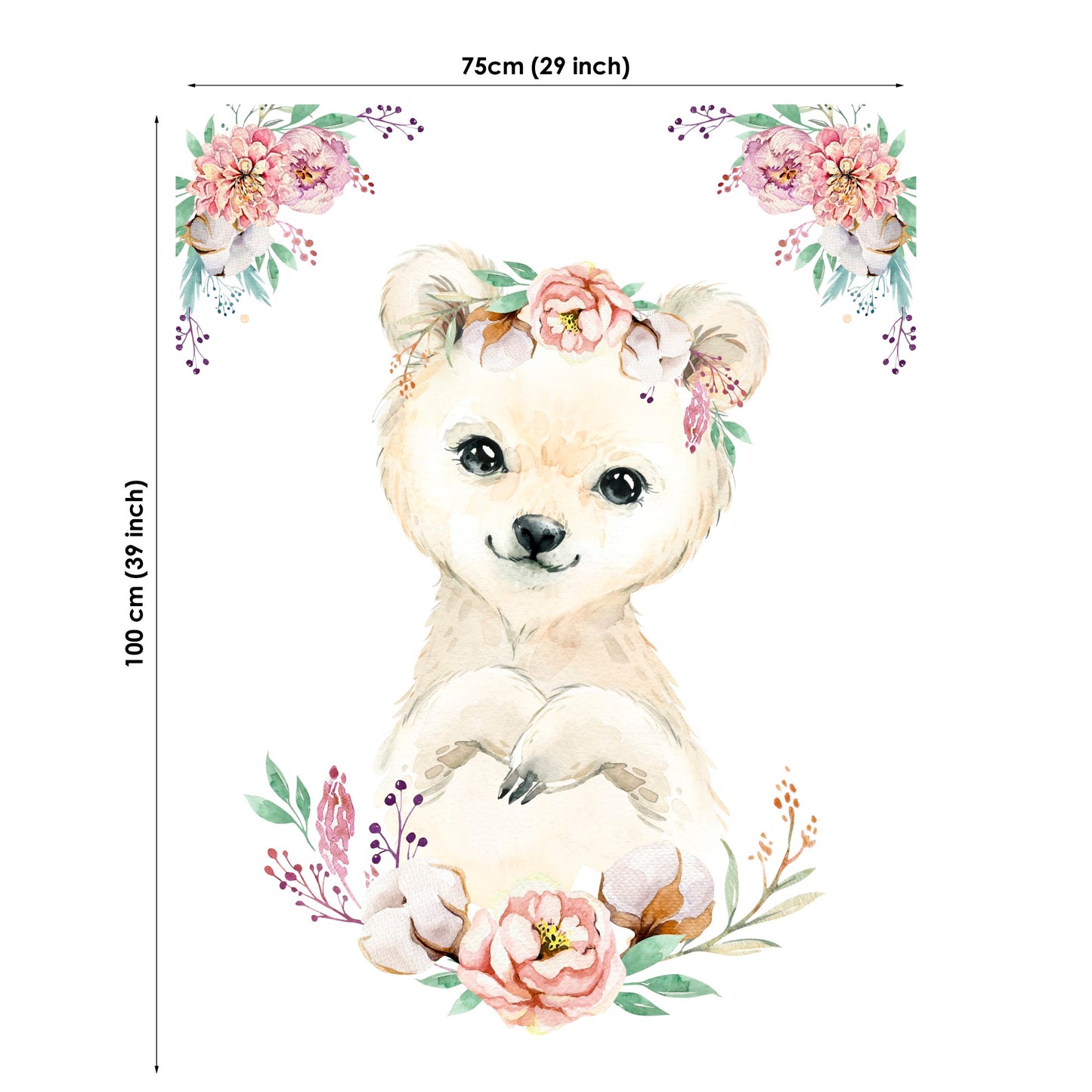 Illustration of a bear with floral decorations and measurements on a white background