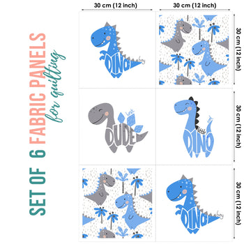 Cute Dino Blue Set of 6 Fabric Panels