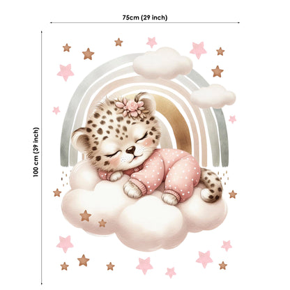 Illustration of a leopard cub on a cloud with a rainbow and stars, with dimensions provided.