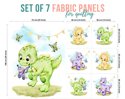 Set of 7 fabric panels featuring colorful cartoon dinosaur illustrations, with various sizes listed in the image.