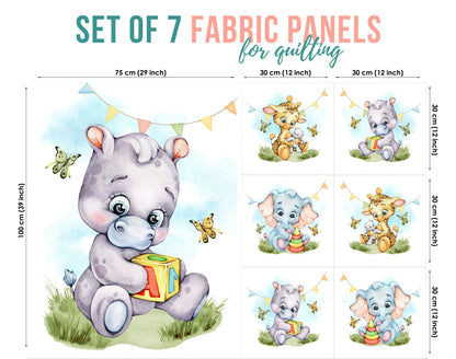 A set of 7 fabric panels featuring colorful illustrations of hippos and elephants in various poses and playful scenarios.