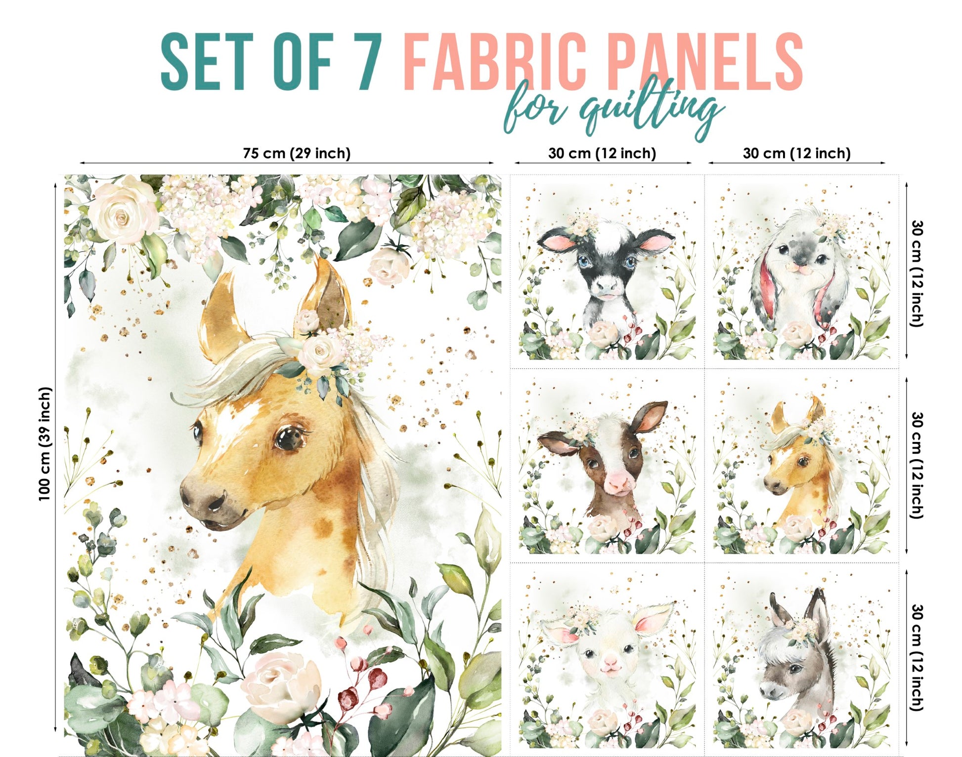 Set of 7 fabric panels featuring various cute farm animal designs, yellow horse, with a floral background.