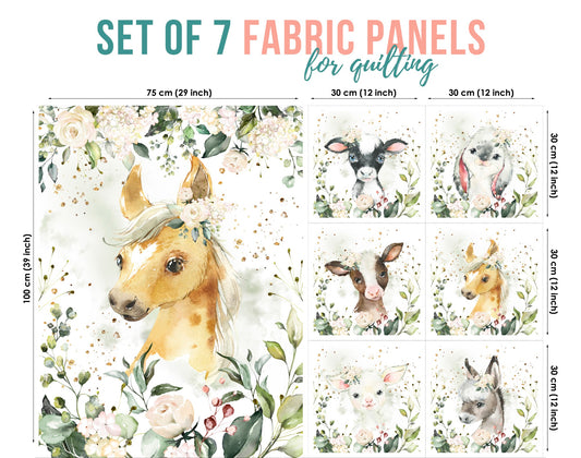 Set of 7 fabric panels featuring various cute farm animal designs, yellow horse, with a floral background.