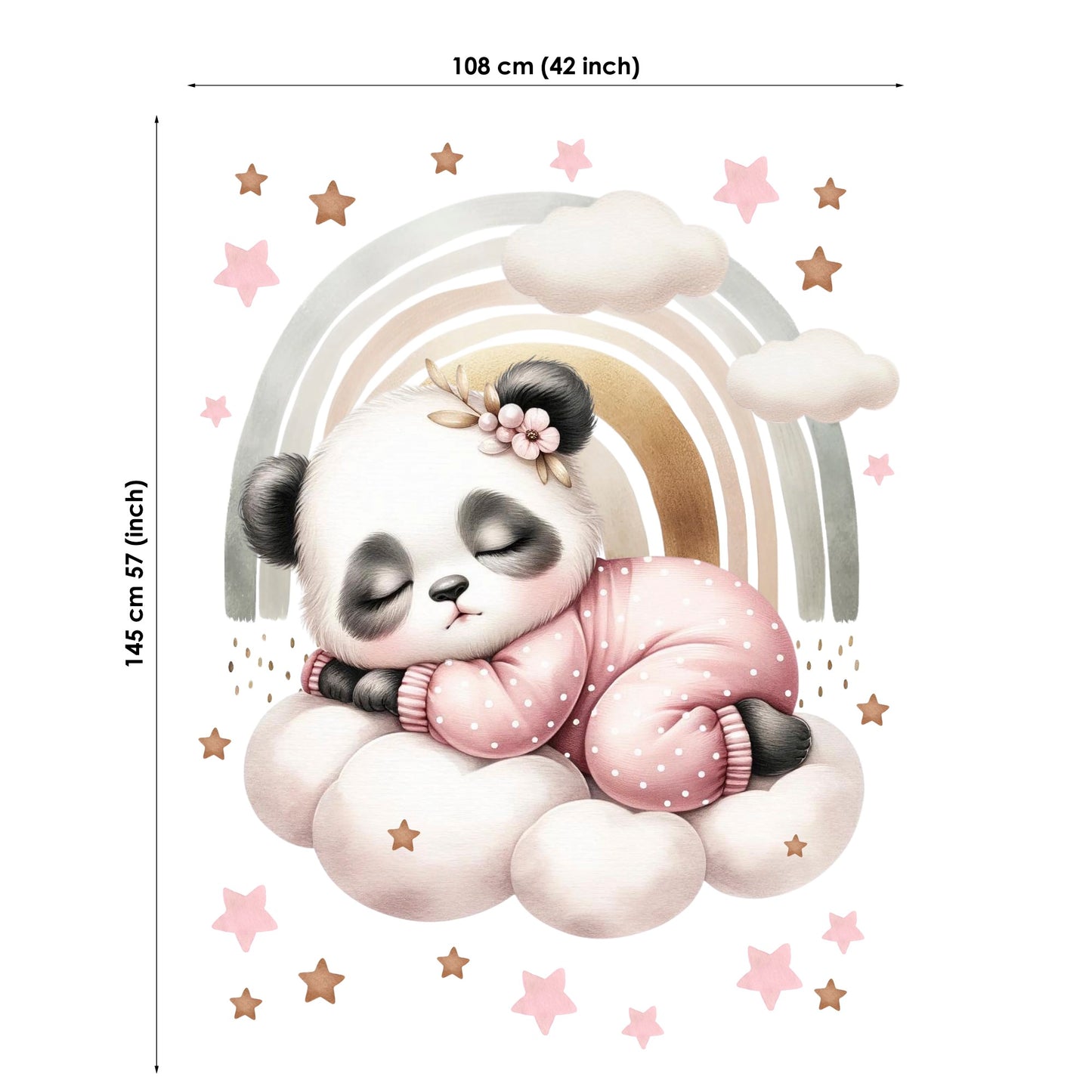 Fabric panel of a panda bear in a pink outfit with stars and a rainbow, featuring dimensions.