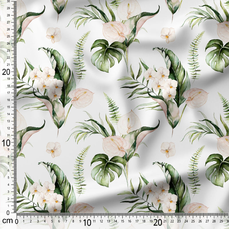 Tropical leaf and flower patterned fabric with a ruler on the side