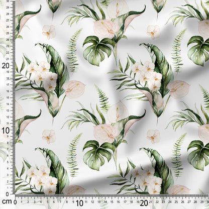 Tropical leaf and flower patterned fabric with a ruler on the side