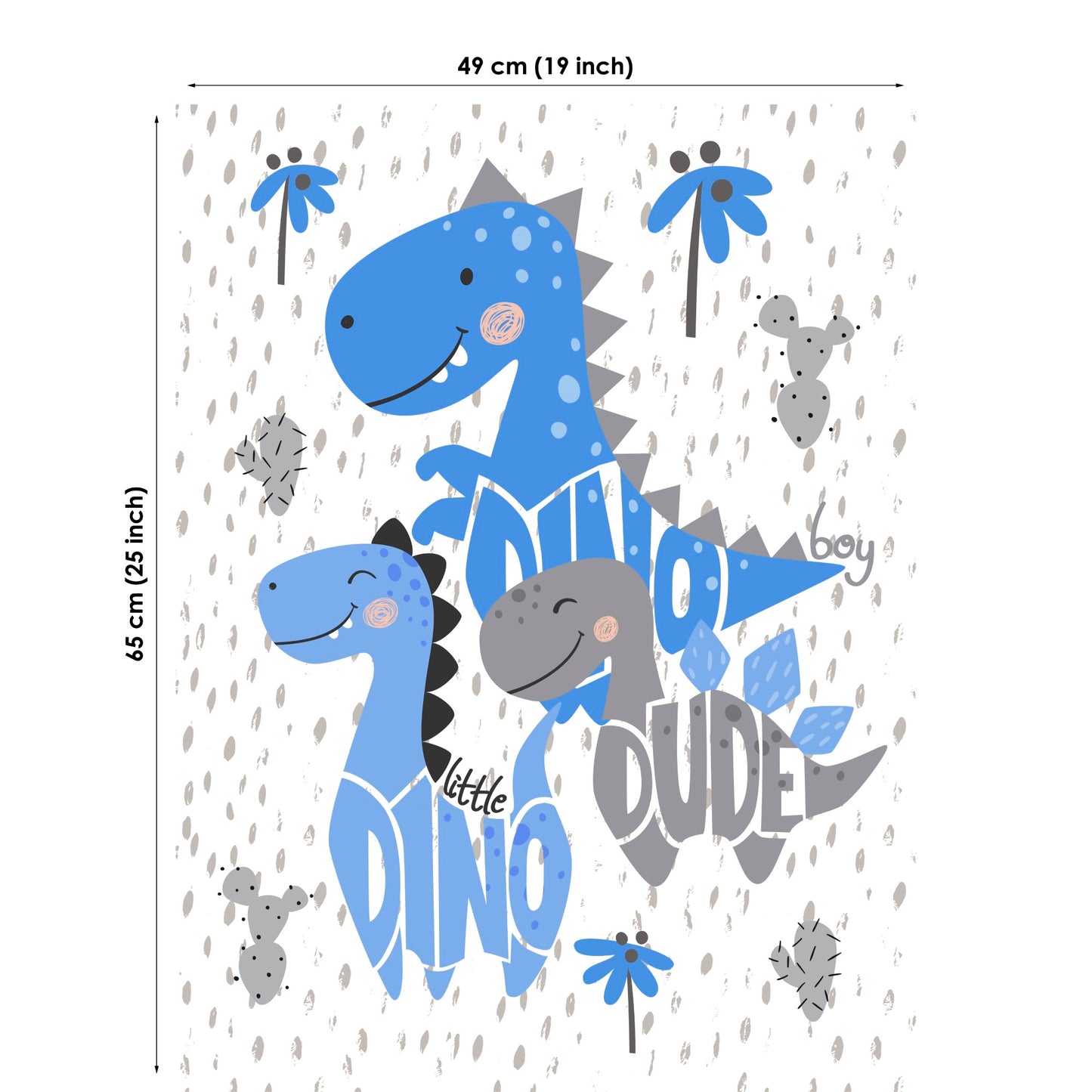 A fabric panel with a blue dinosaur print, designed for quilting and sewing projects.