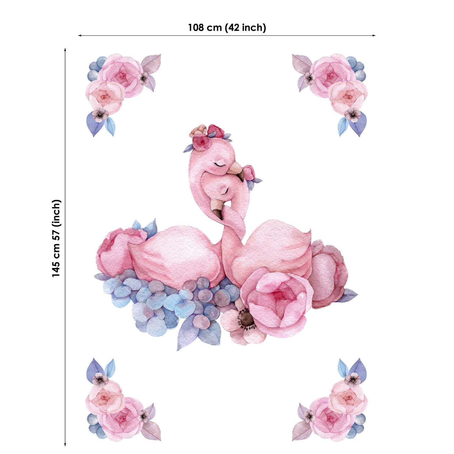 Floral and flamingo design with measurements on a white background