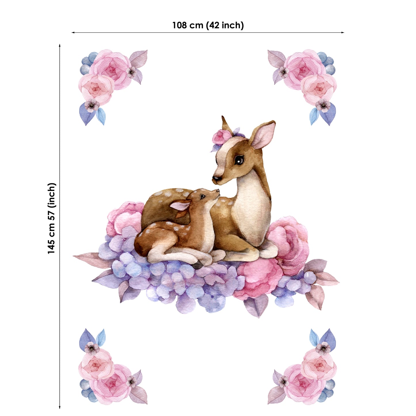 Wall decal of two deer with flowers and butterfly decorations, with dimensions indicated.