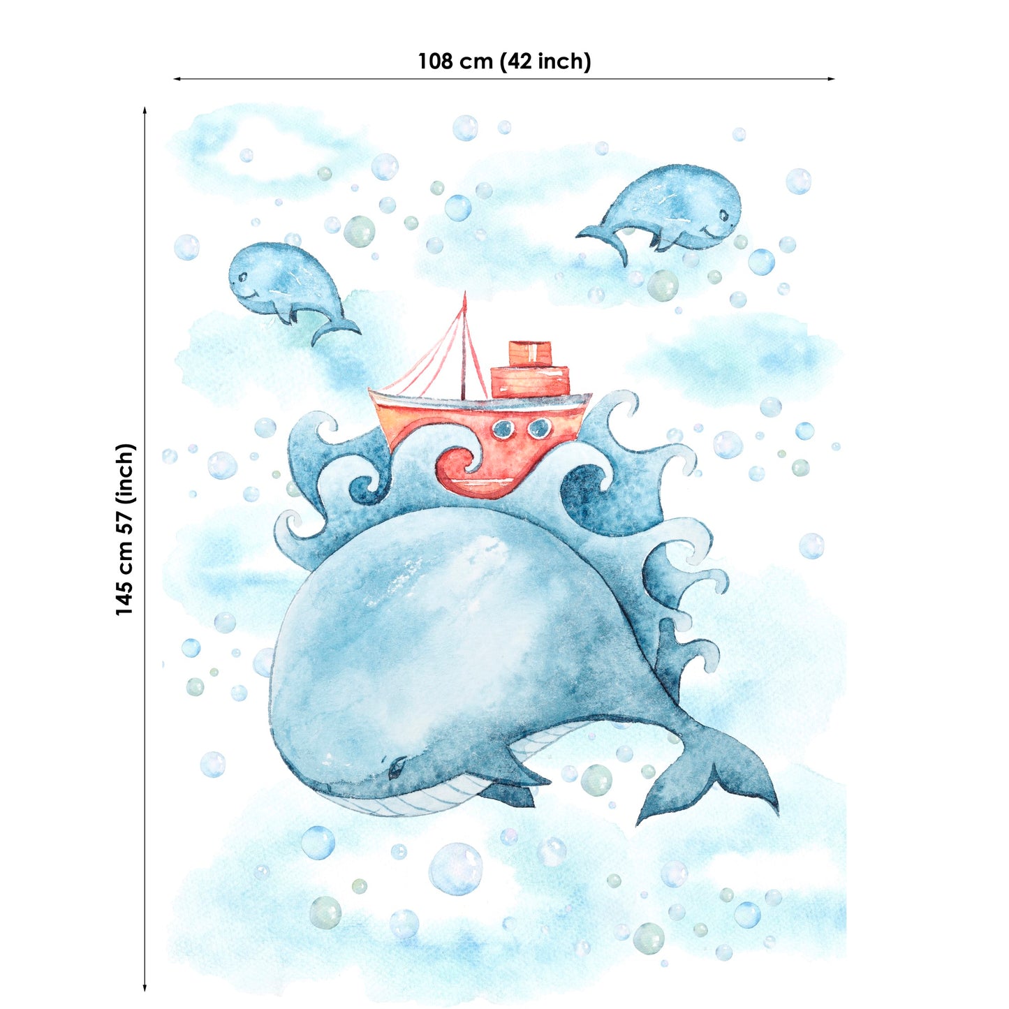 A fabric panel featuring a whale with a stylized design, intended for quilting and sewing projects.