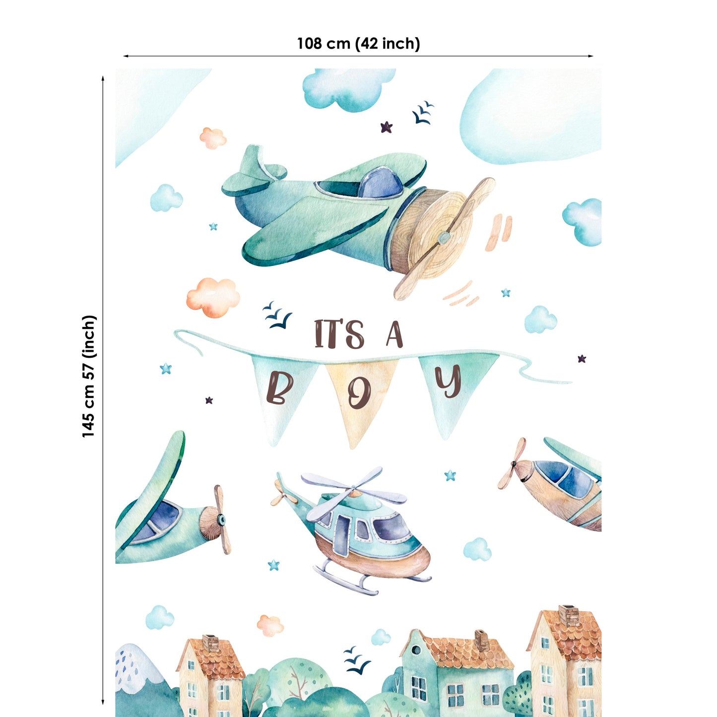 Decorative wall sticker with airplane, helicopter, and 'It's a Boy' banner design.