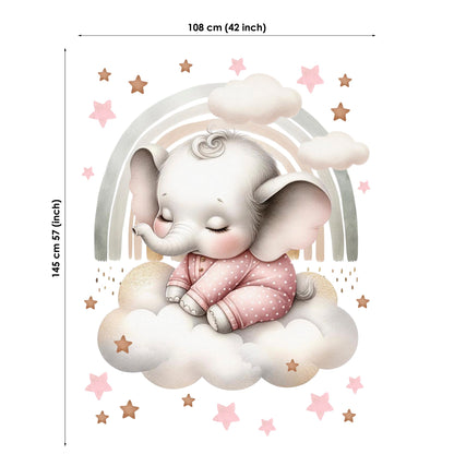 Wall decal of a baby elephant sitting on a cloud with a rainbow and stars, including dimensions.