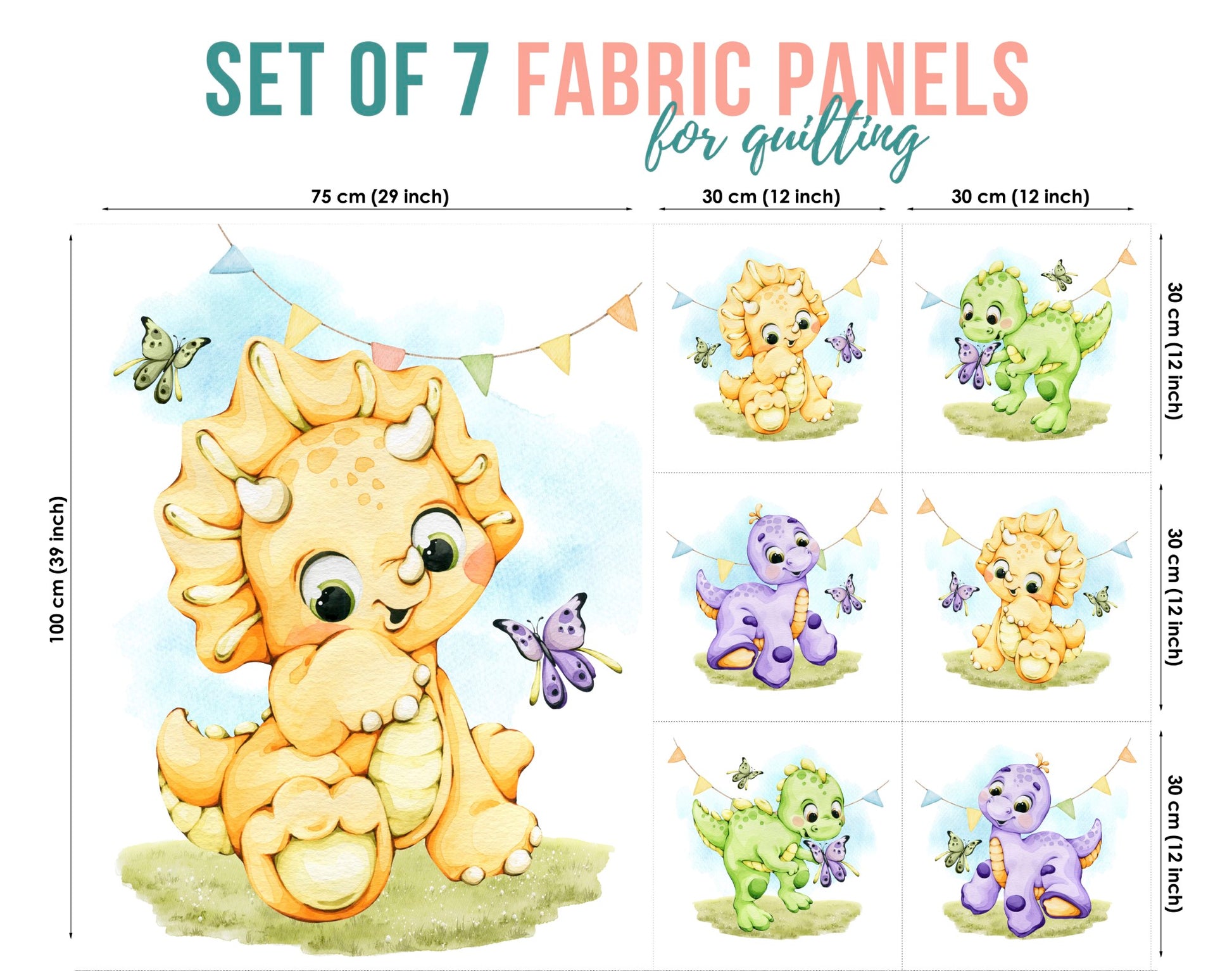 Set of 7 fabric panels featuring various dinosaur illustrations in different colors, intended for quilting and sewing projects.