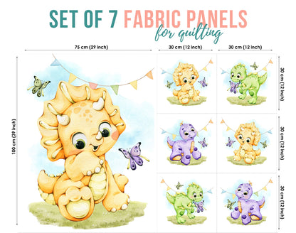 Set of 7 fabric panels featuring various dinosaur illustrations in different colors, intended for quilting and sewing projects.