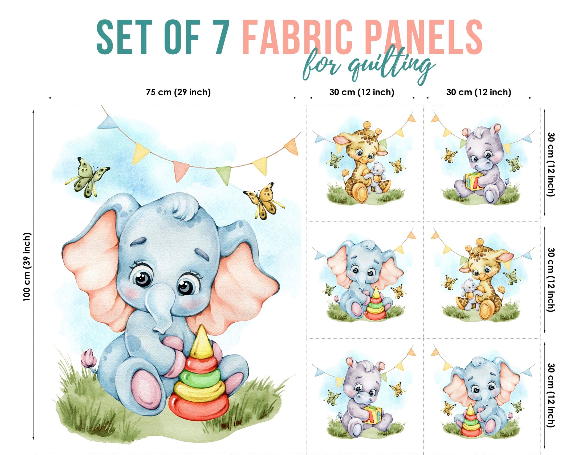 Set of 7 fabric panels featuring cute elephant designs in various colors, intended for quilting and crafts.