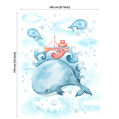 A fabric panel featuring a whale with a stylized design, intended for quilting and sewing projects.