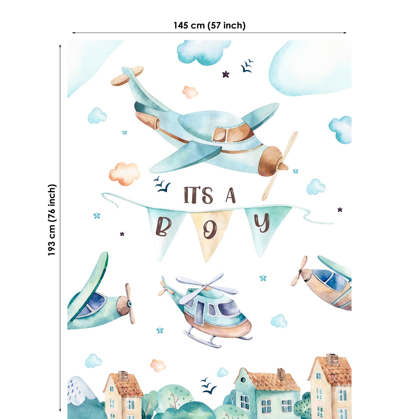 Decorative wall sticker with airplane, helicopter, and 'It's a Boy' banner design, with dimensions displayed.