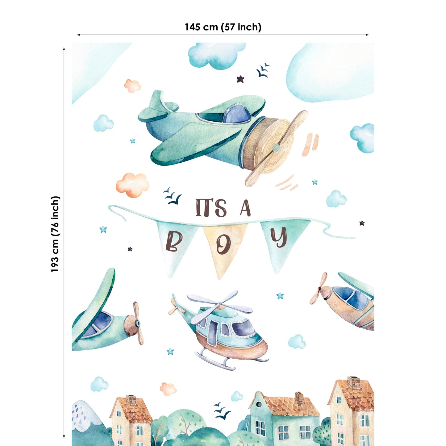 Decorative wall sticker with airplane, helicopter, and 'It's a Boy' banner design.