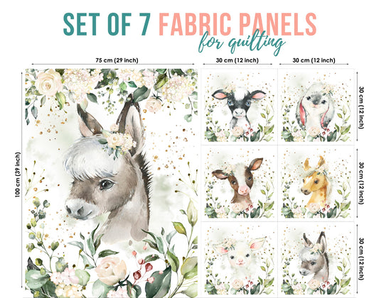 Set of 7 fabric panels featuring various cute farm animal designs, gray donkey, with a floral background.